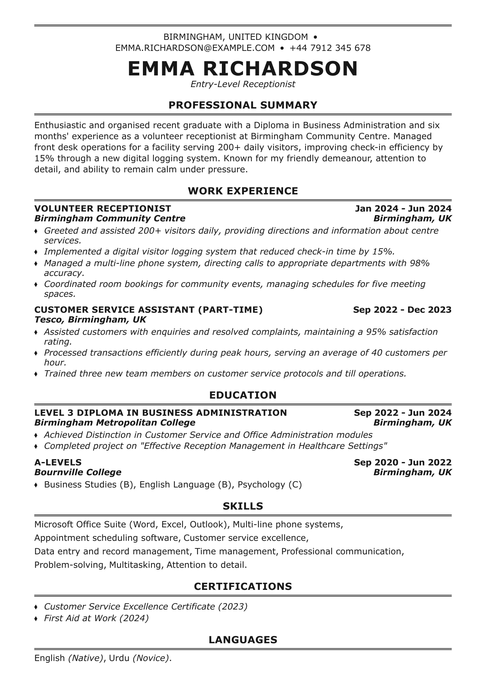 Entry-Level Receptionist